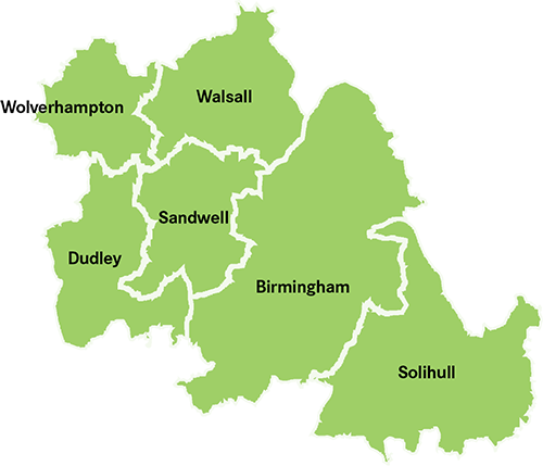 Map showing the areas in Birmingham and the West Midlands where we offer guaranteed rent, including Birmingham, Solihull, Walsall, Wolverhampton, Dudley, and Sandwell.